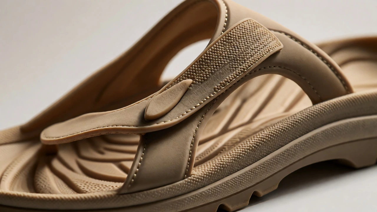 Close-up of durable rubber slipper sole and fused strap details