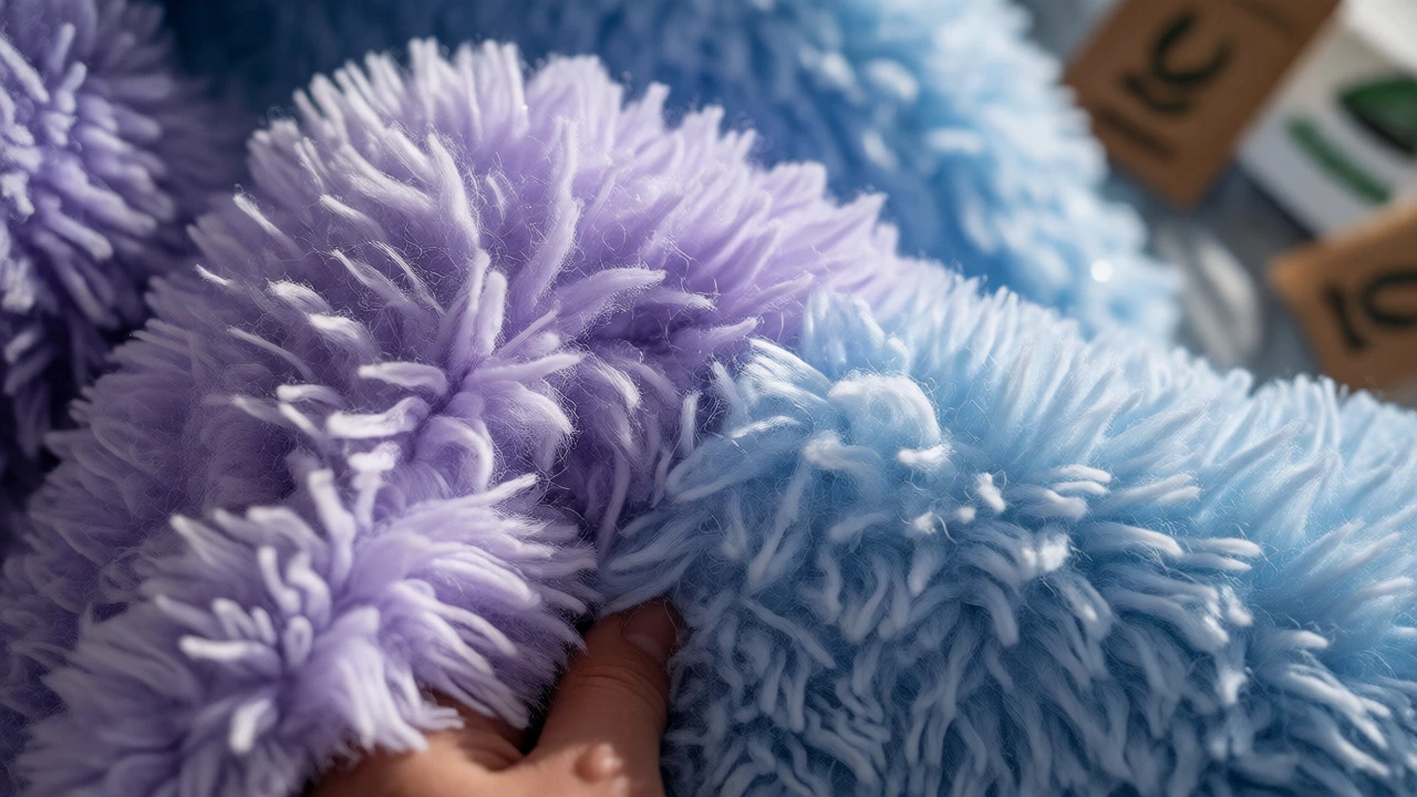 Close-up of soft lavender fleece fabric with water droplets
