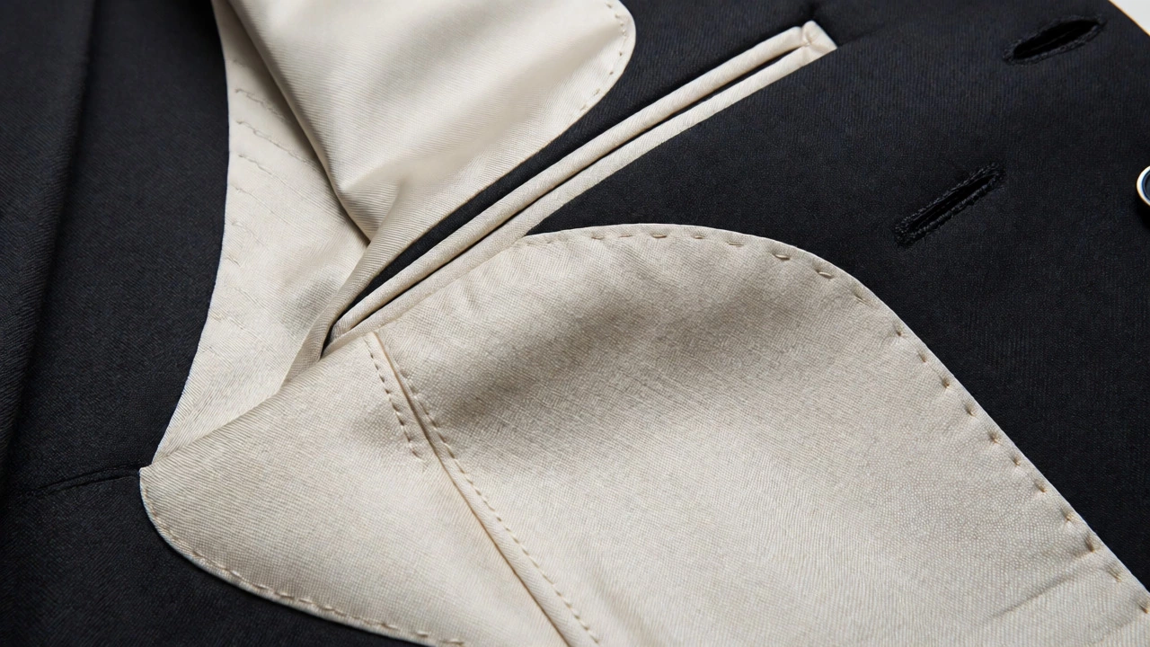 Close-up of suit jacket interior revealing canvas construction and fine stitching details