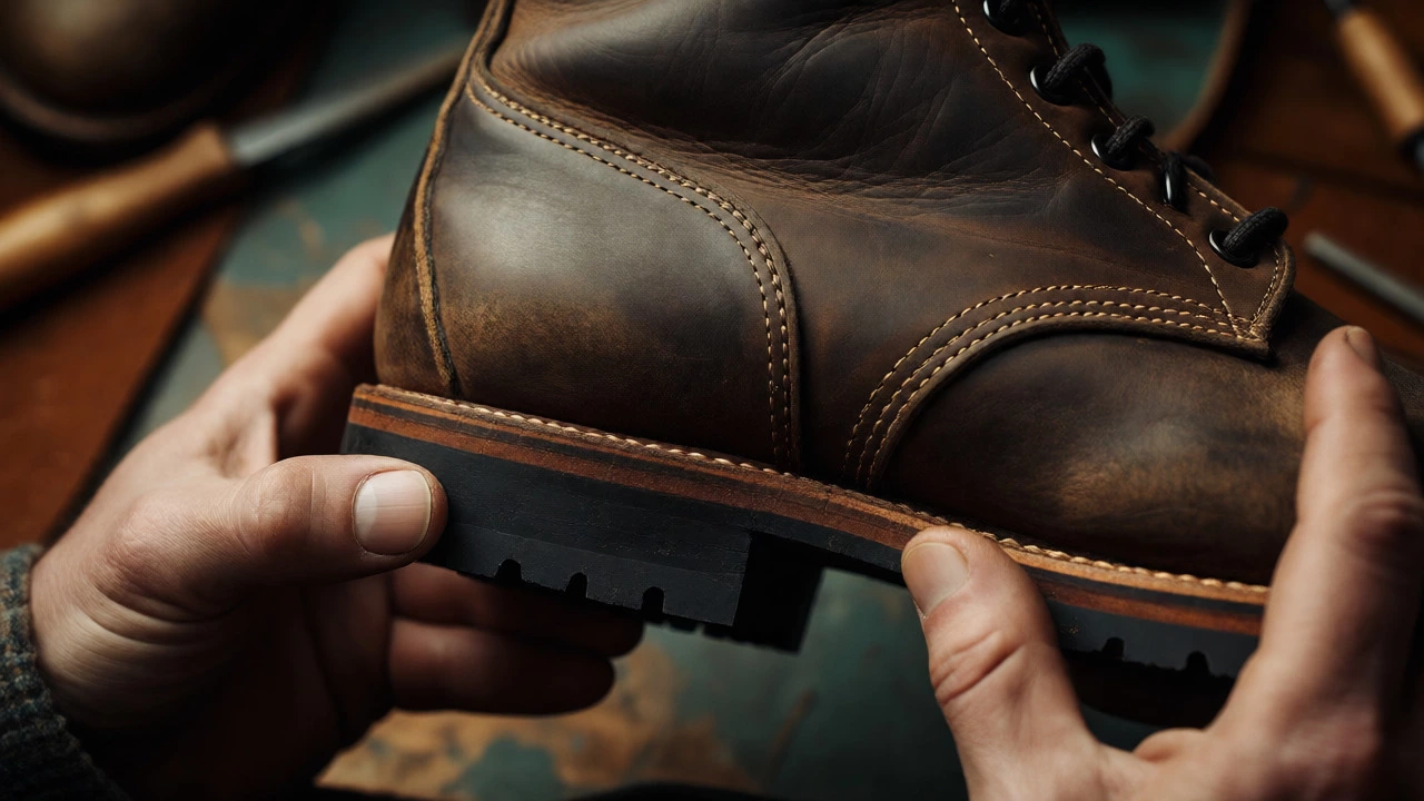 Cobbler inspecting welt stitching on a leather boot