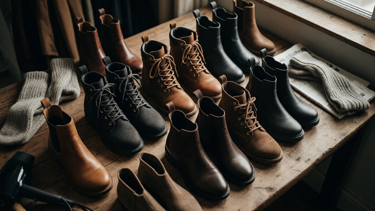 Collection of wide-fit boots and breaking-in tools on a wooden table