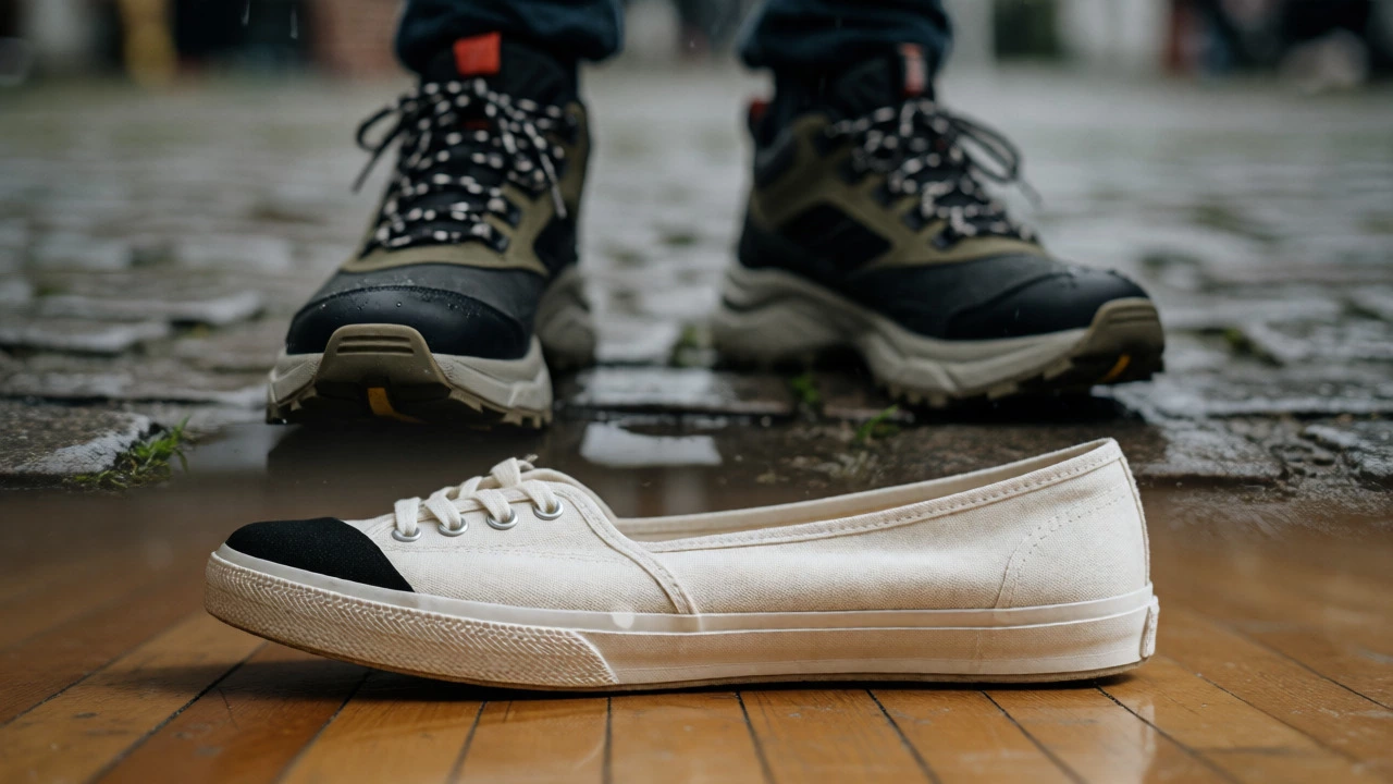 Comparison of vintage plimsolls and modern waterproof trainers