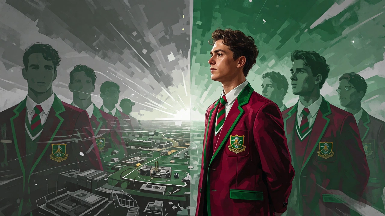 Conceptual art of a student in a crest blazer connecting with alumni traditions and future careers.