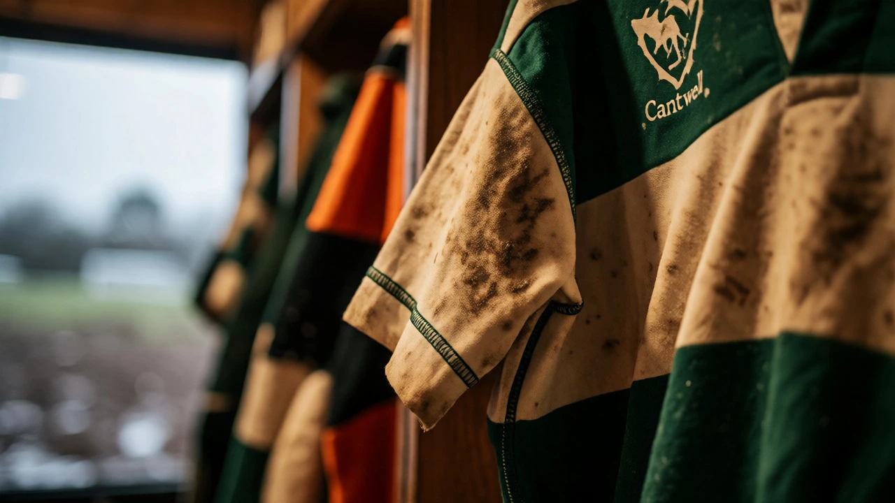 Durable Cantwell rugby jersey displayed in a locker room