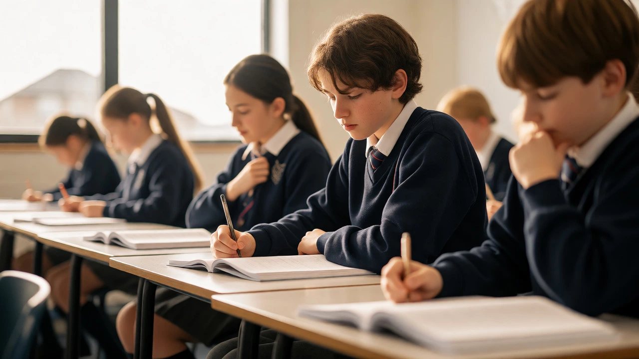 Focused students in school uniforms studying calmly in a well-lit Irish classroom.