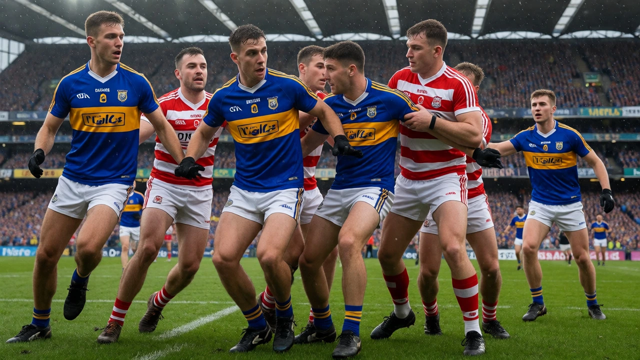 Gaelic football players in O’Neills jerseys during a rainy match