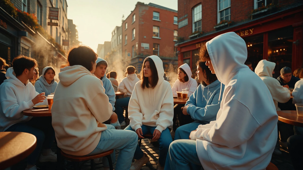 Group of friends in pastel hoodies relaxing at an outdoor cafe in Temple Bar, Dublin, during golden hour.