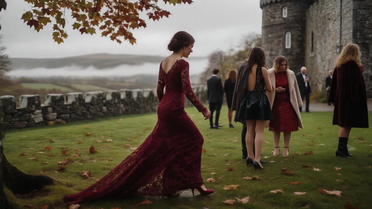 Guests in formal wear at an outdoor autumn wedding near an Irish castle