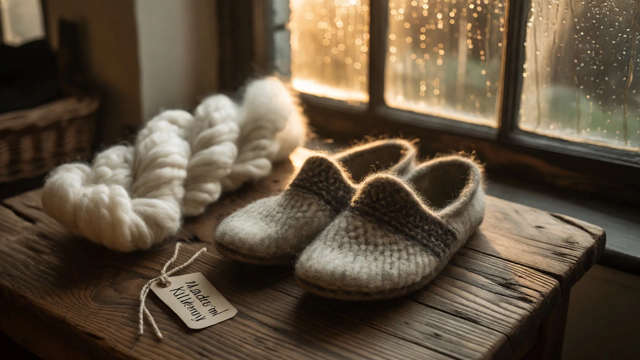 Handmade Irish wool slippers next to raw wool