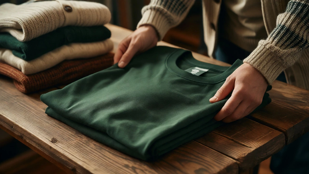 Hands folding a green t-shirt next to knitwear on a table