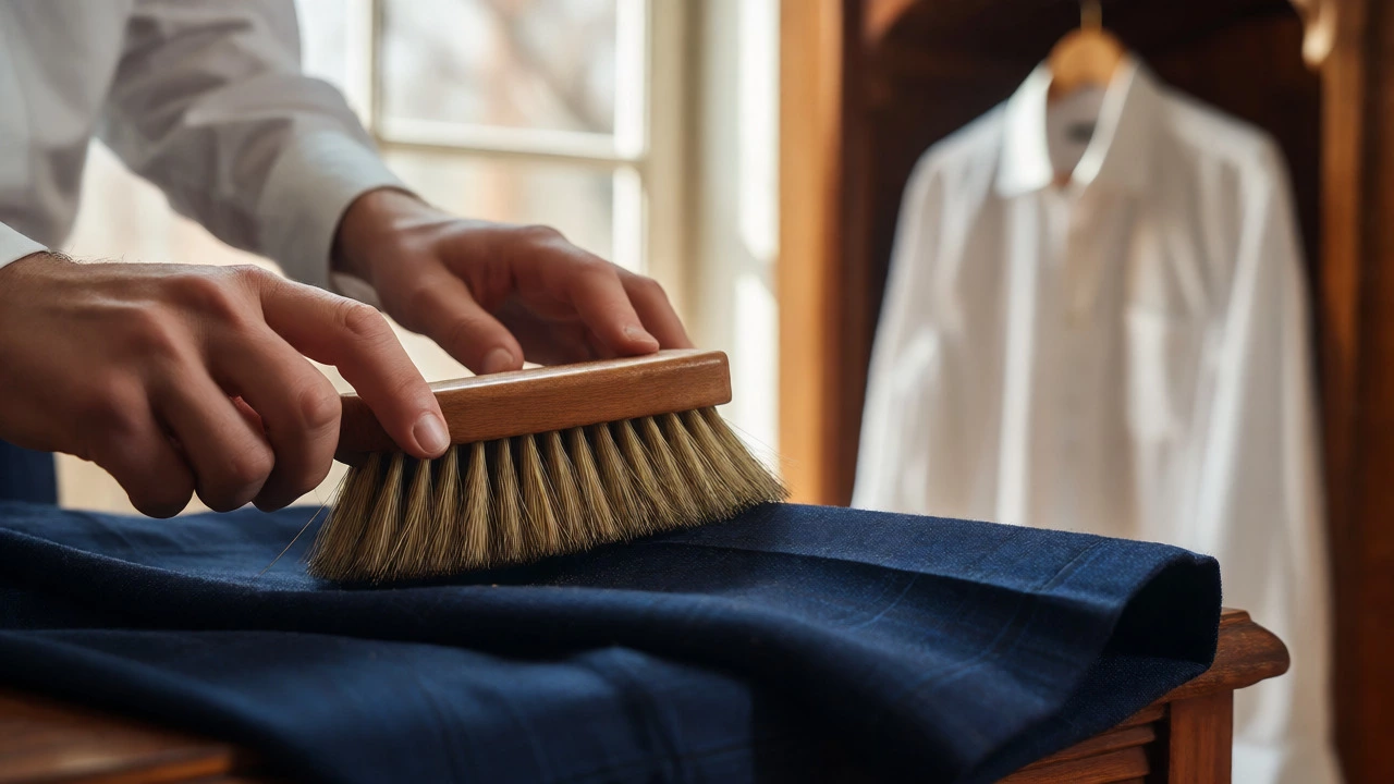 Hands using a horsehair brush to clean dust off navy wool trousers in a bright dressing room.