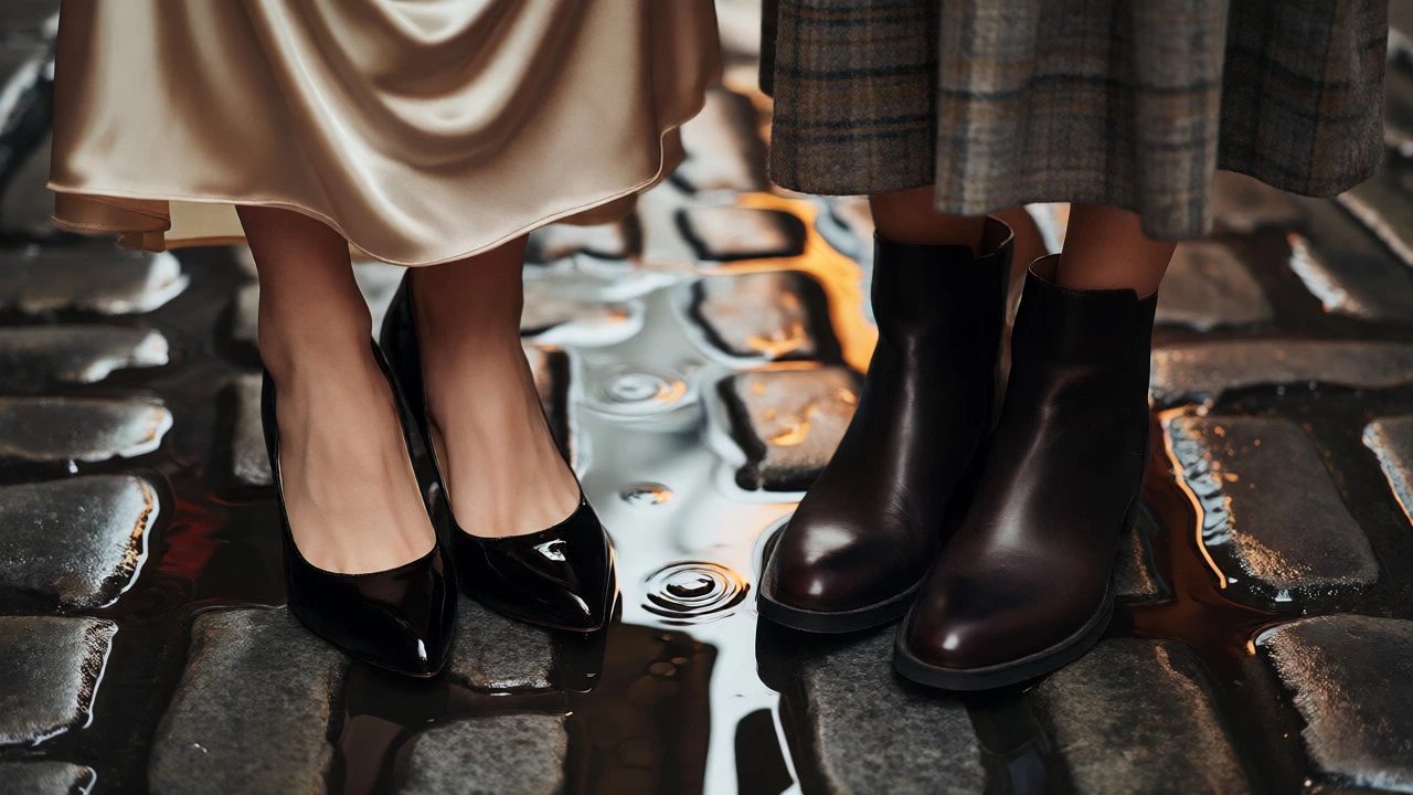 Heels and boots on wet Dublin cobblestones with gown hems visible