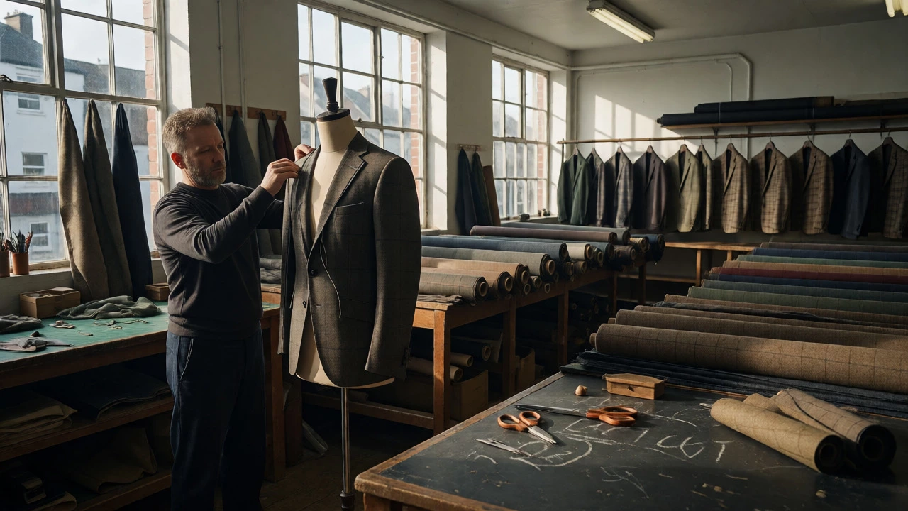 Irish tailor adjusting a premium suit on a mannequin in a well-lit workshop