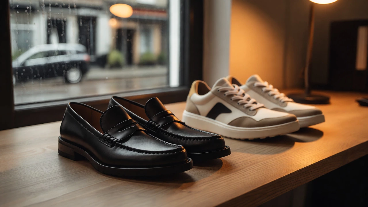 Leather loafers and minimalist sneakers on an office desk