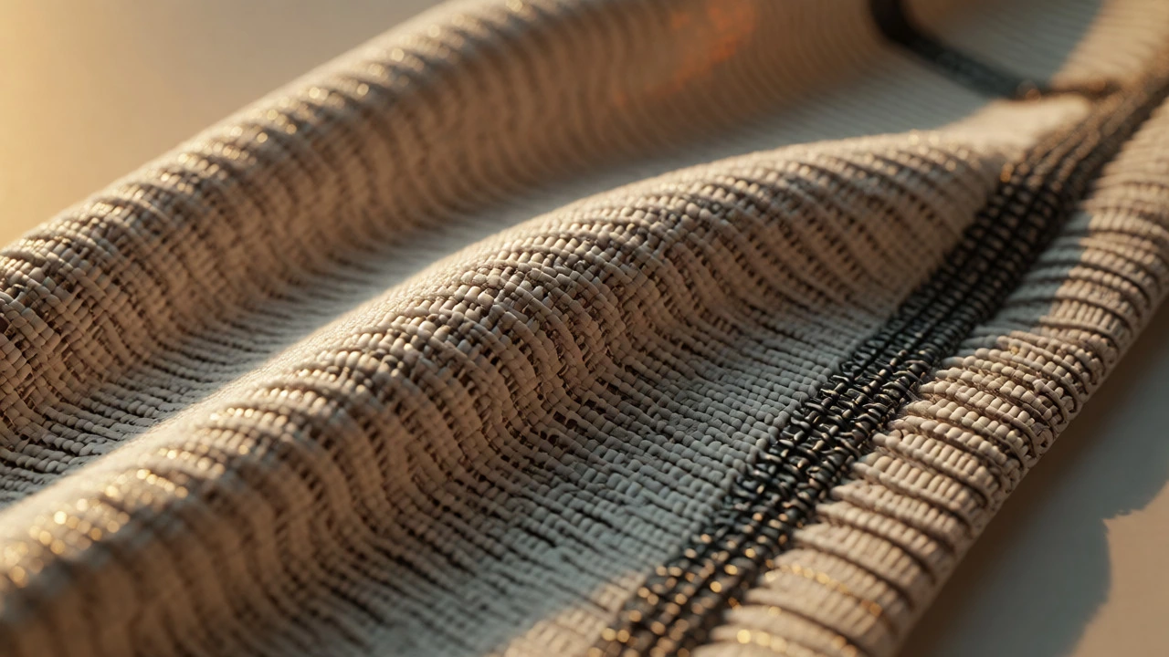 Macro close-up of high-tech athletic fabric showing texture and stretch