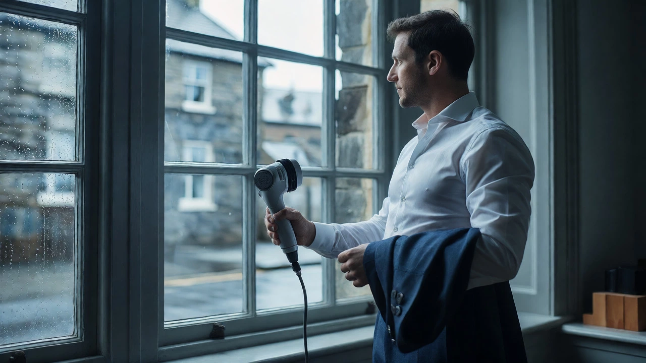 Man holding a suit jacket and steamer by a window, airing it out during rainy Irish weather.
