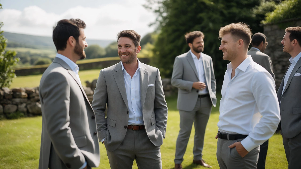 Men in mid-grey suits at outdoor wedding