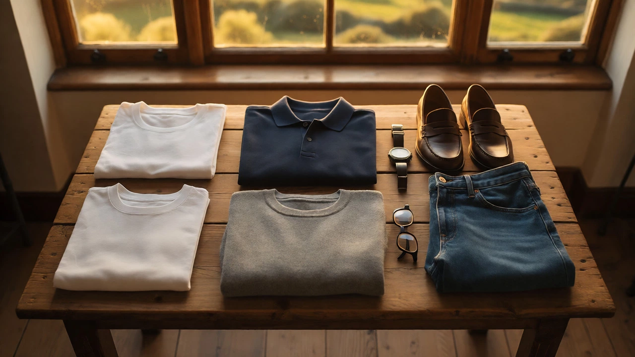 Minimalist neutral wardrobe on wooden table
