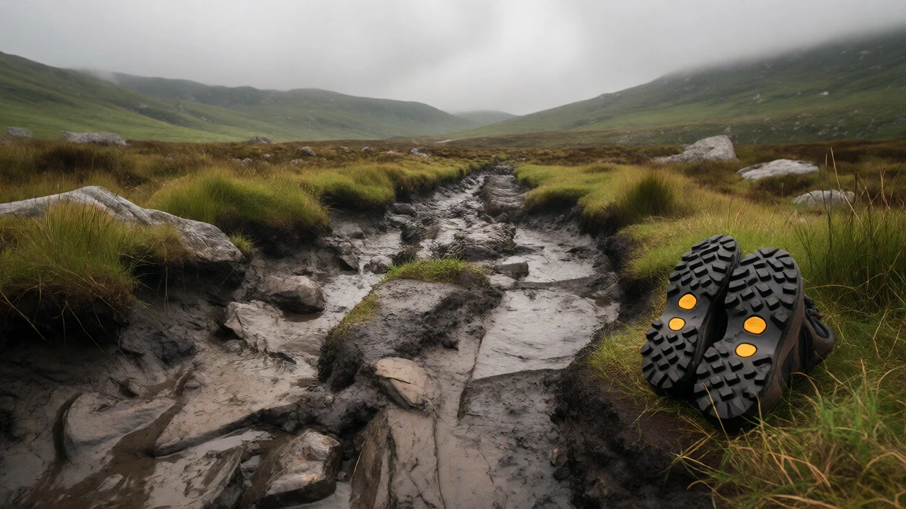 Muddy boggy trail in Connemara National Park with hiking boots in foreground