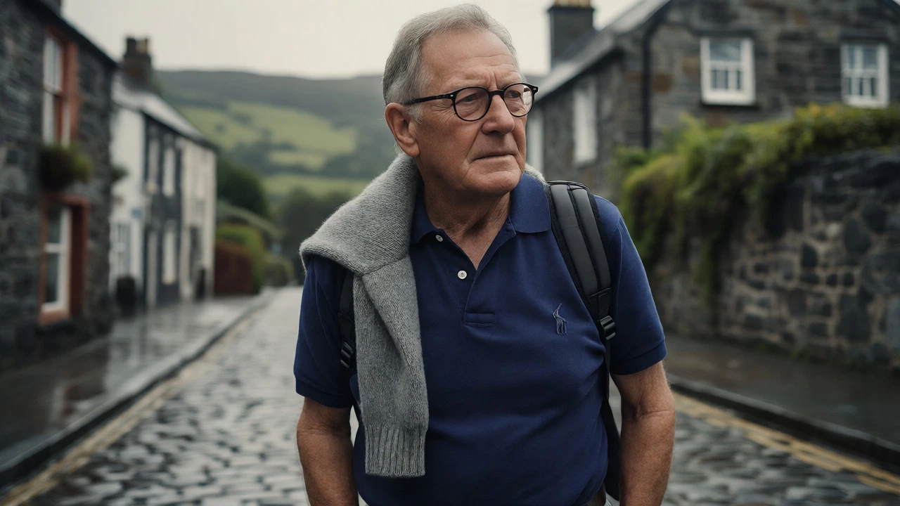 Older man in navy polo walking Galway street
