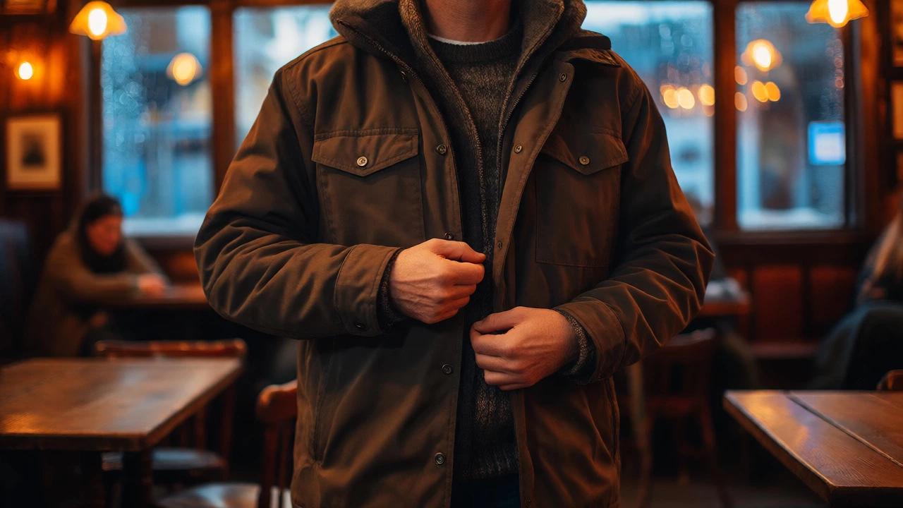 Person unzipping a magnetic-closure shacket inside a warm pub, contrasting with the rainy view outside.