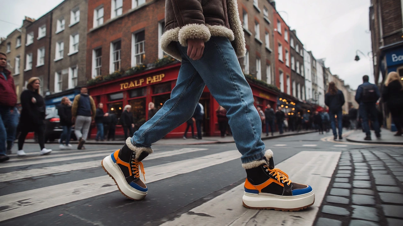 Person wearing platform sheepskin shoes in Dublin