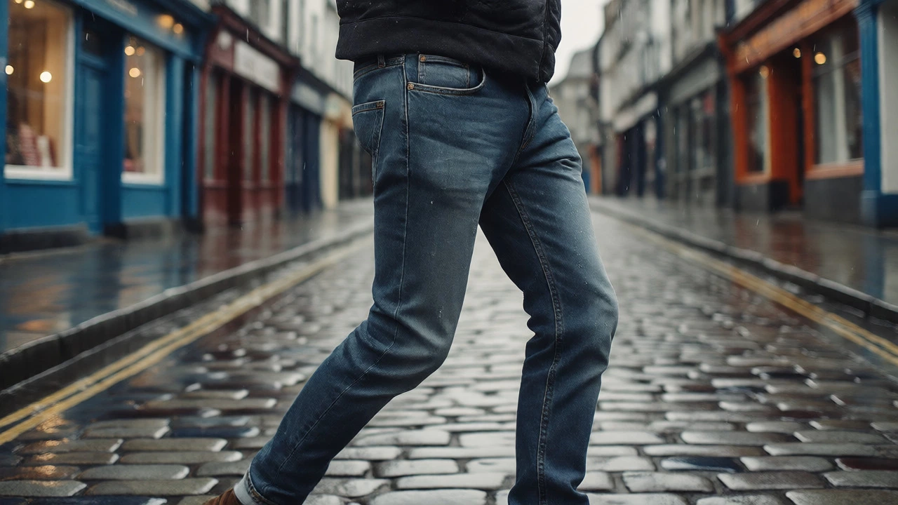 Person wearing slim jeans walking on wet Galway cobblestones in rain