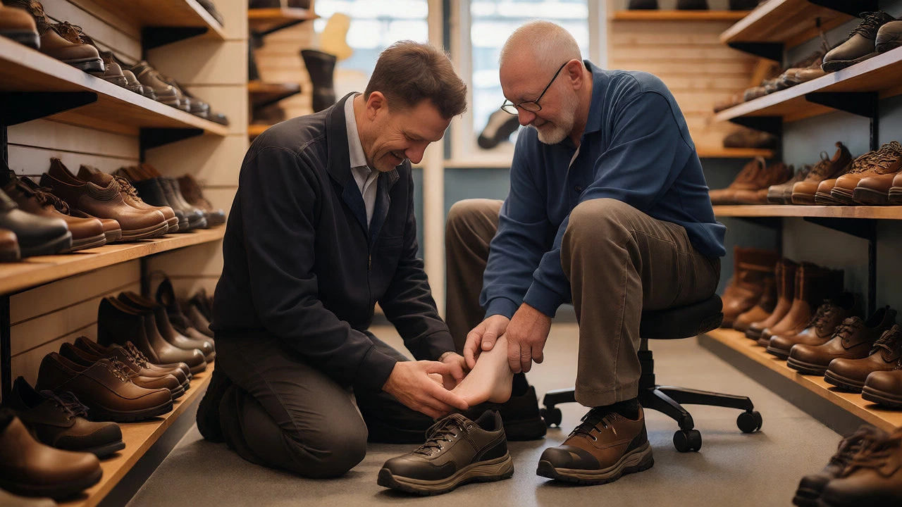 Podiatrist fitting work shoes for a customer in a Galway shoe shop