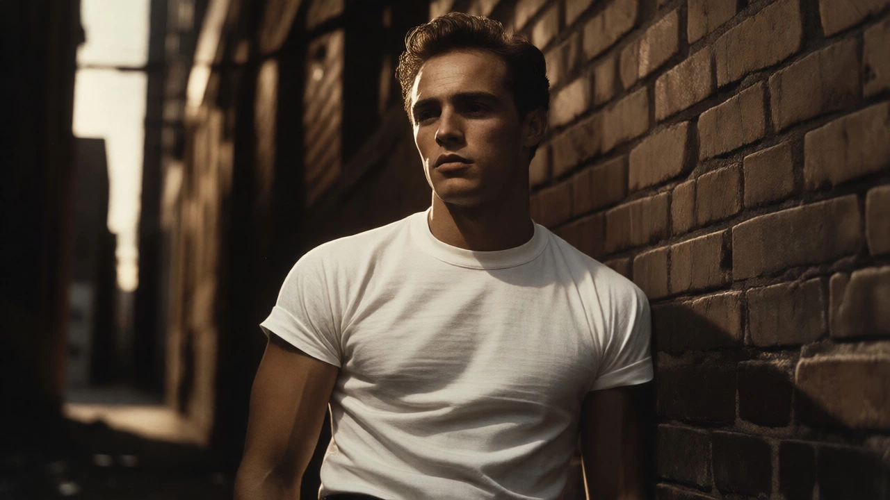 Rebellious man in a tight white T-shirt in 1950s cinematic style