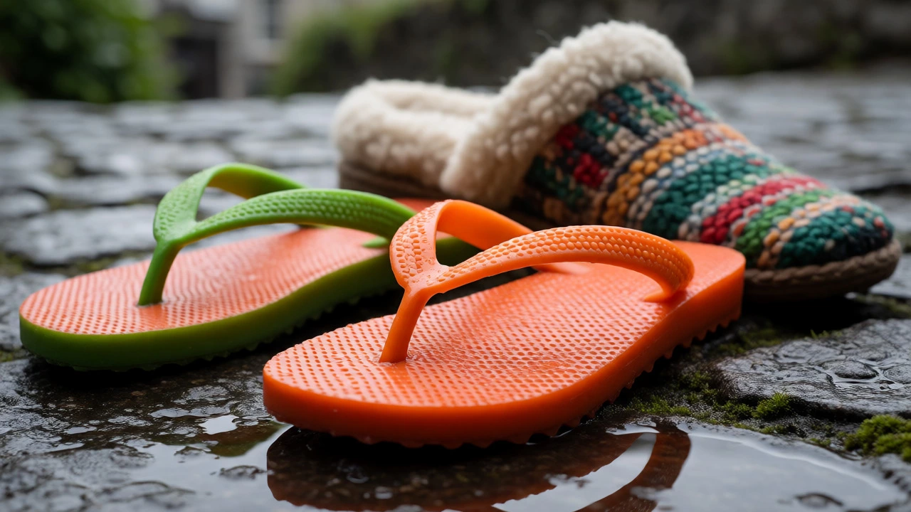 Rubber flip-flops and wool slippers on wet cobblestones in Ireland.