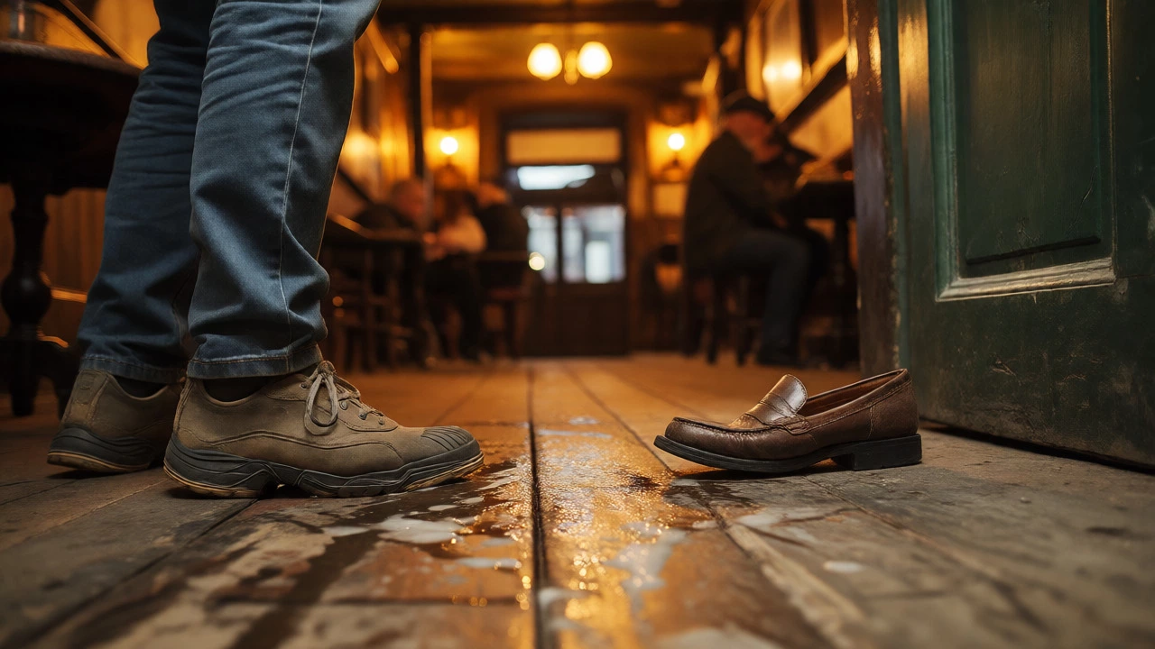 Rubber-soled shoes on a sticky pub floor next to vulnerable leather loafers