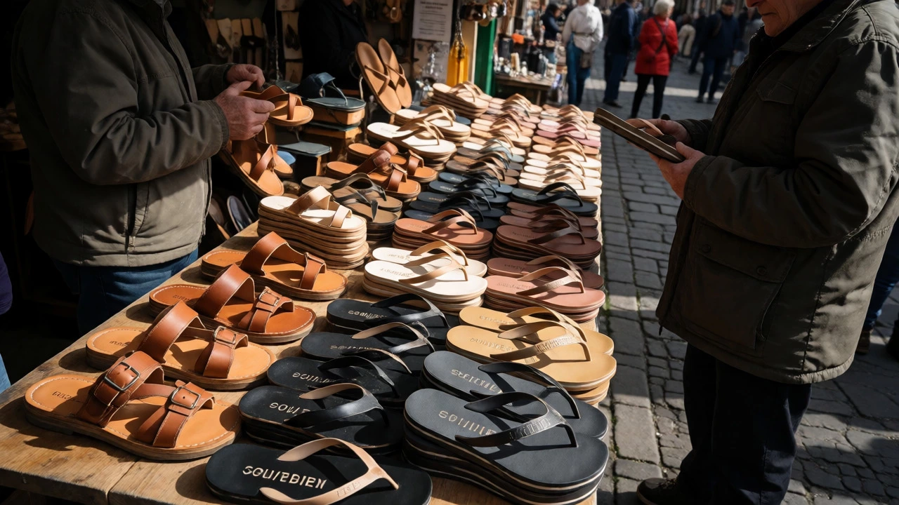 Shoppers browsing leather sandals and flip-flops at an Irish market stall.