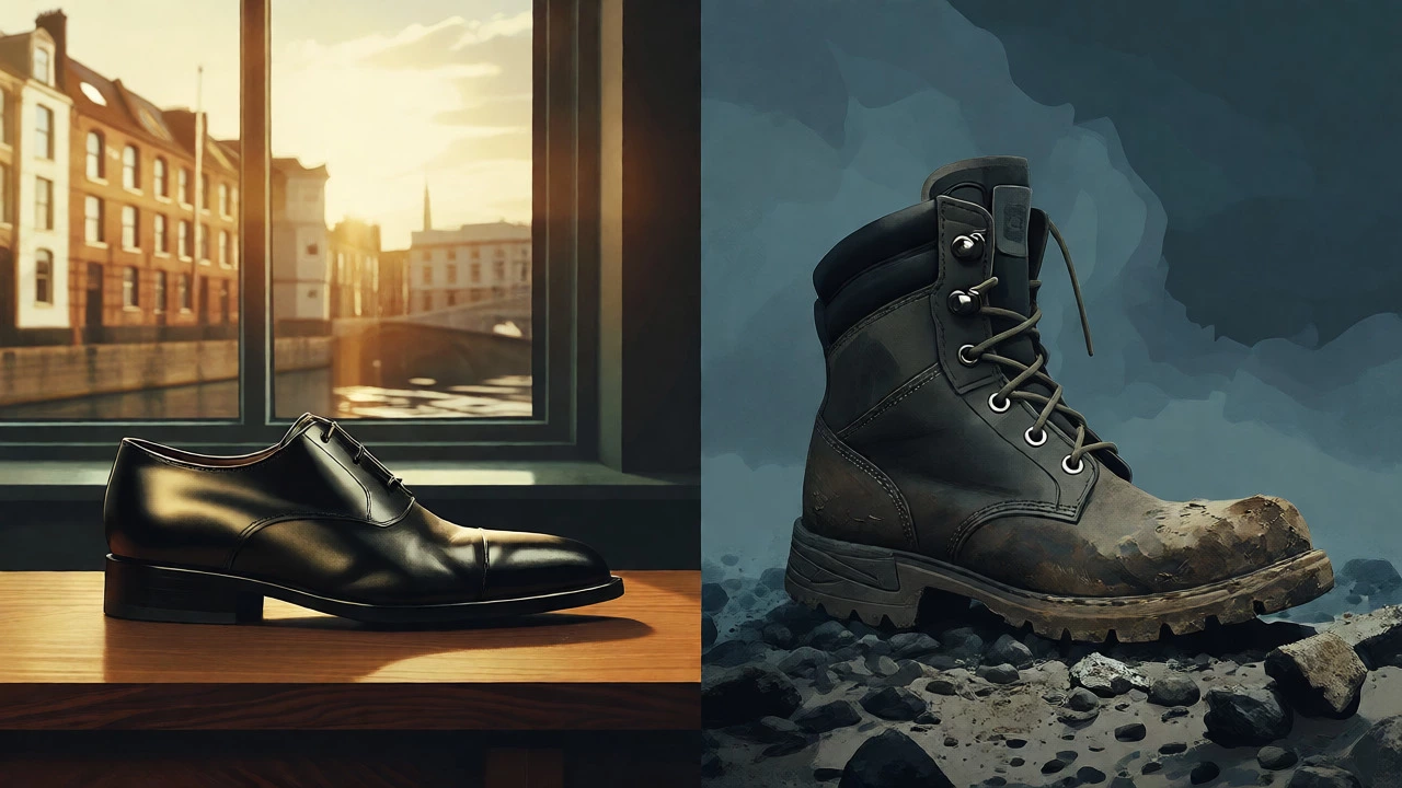 Split image comparing office leather shoes and rugged work boots.