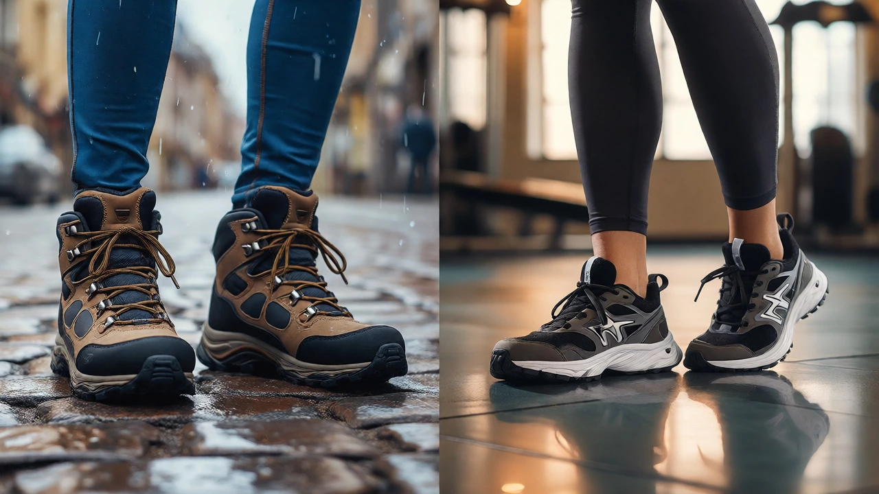 Split view comparing waterproof hiking boots on cobblestones vs cross-trainers in gym