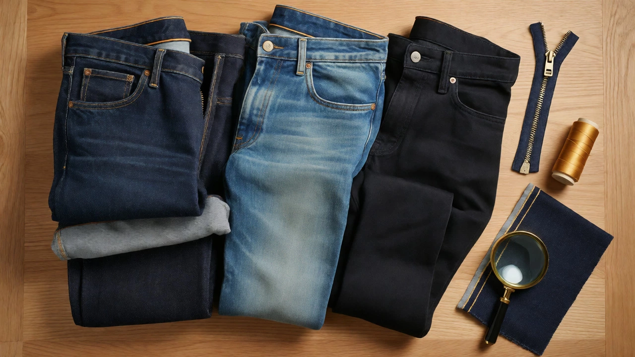 Stack of folded jeans with zipper and thread on a wooden table