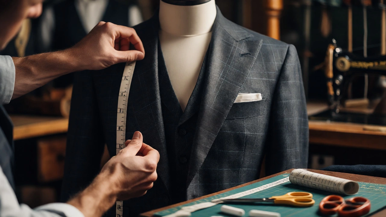 Tailor adjusting a bespoke suit lapel in a detailed close-up
