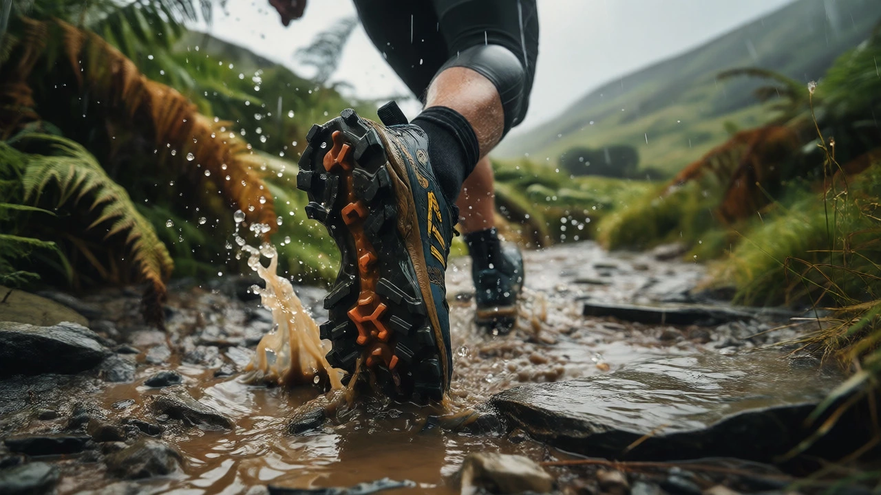 Trail runner splashing through mud in Wicklow Mountains wearing hiking boots