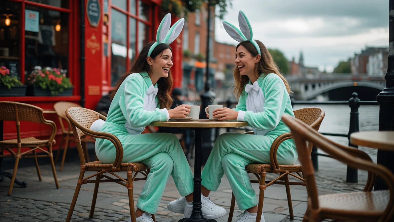 Two friends in mint green bunny suits drinking coffee outdoors