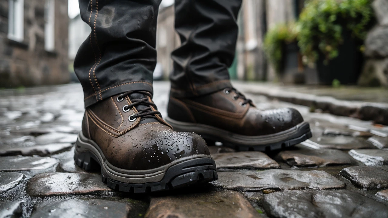 Waterproof steel-toe safety boots on wet cobblestones in rainy Cork street