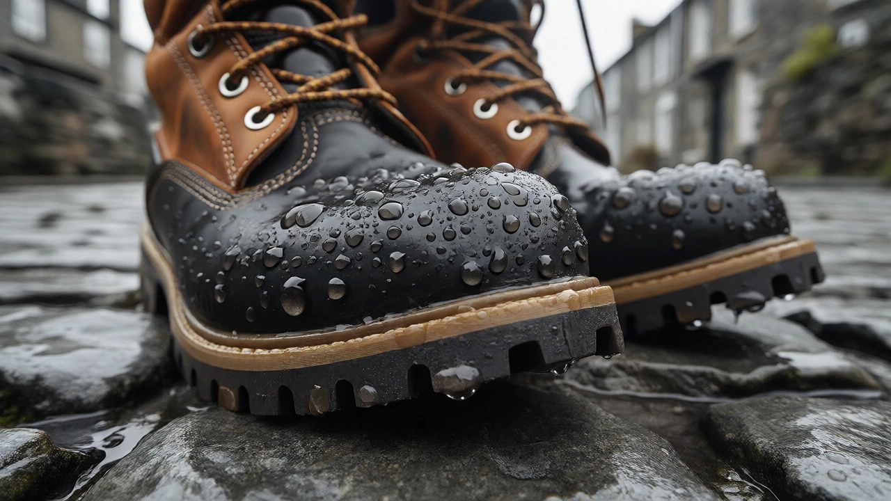 Waterproof Timberland boots on wet Irish cobblestones