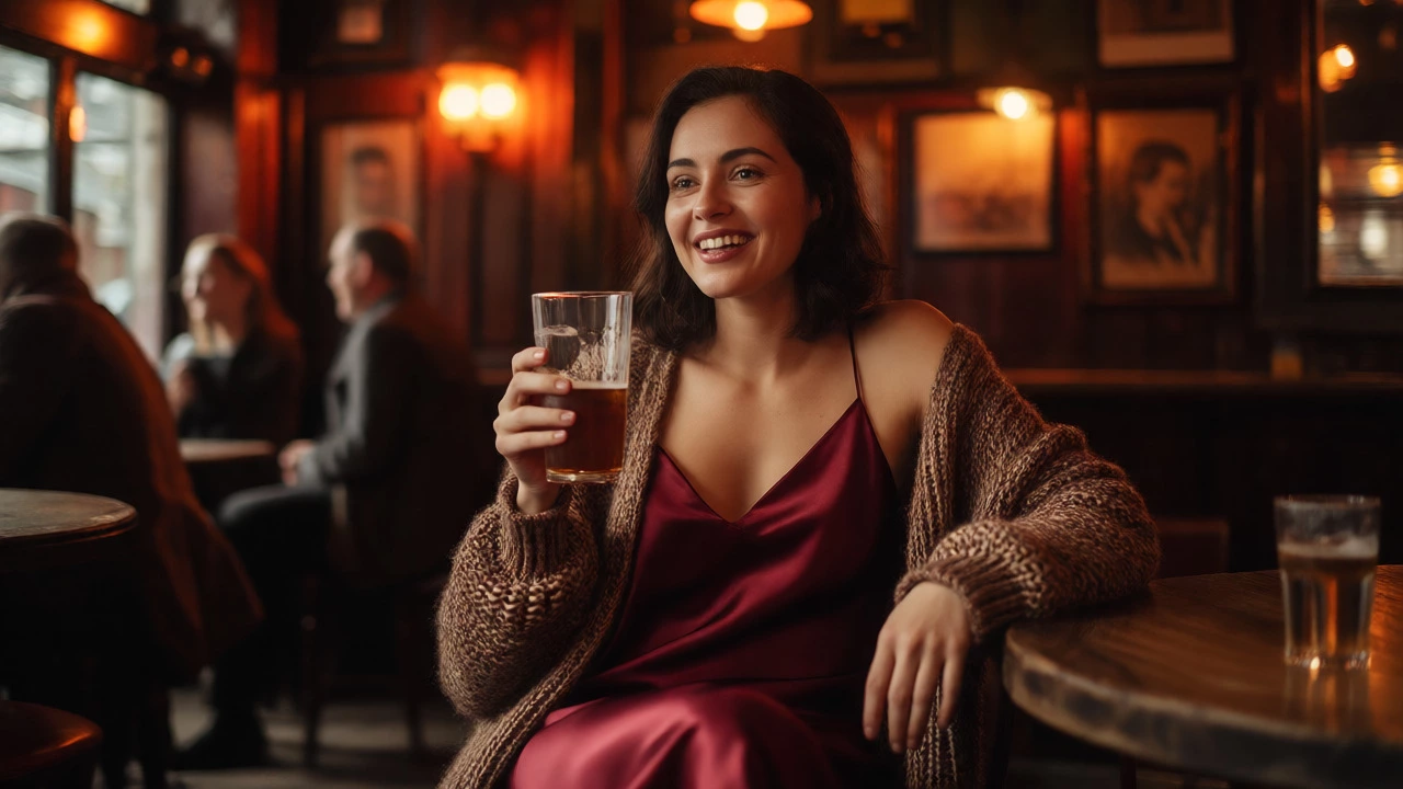 Woman in burgundy slip dress and cardigan in pub