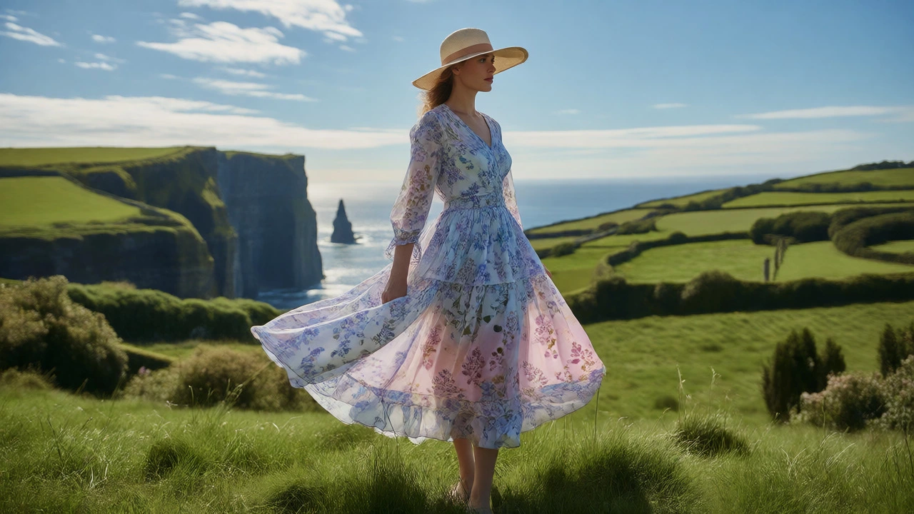 Woman in floral midi dress on Irish coastal hill