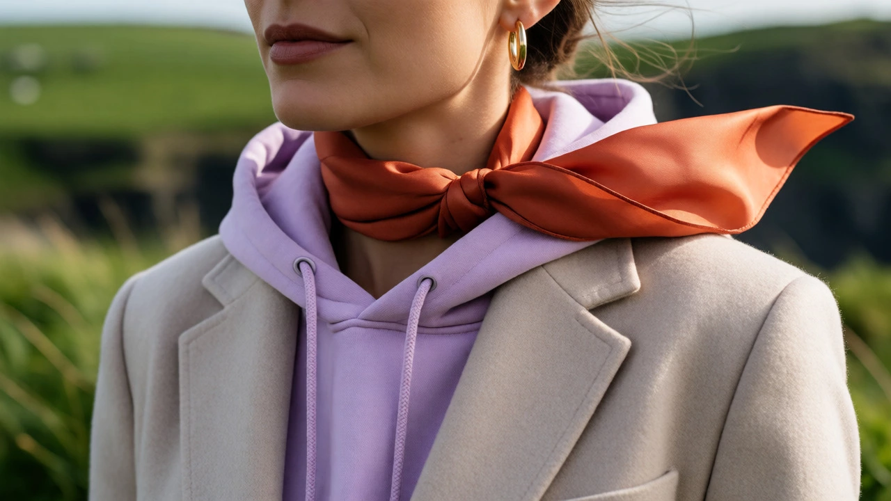 Woman in lavender hoodie and blazer with gold hoops and silk scarf