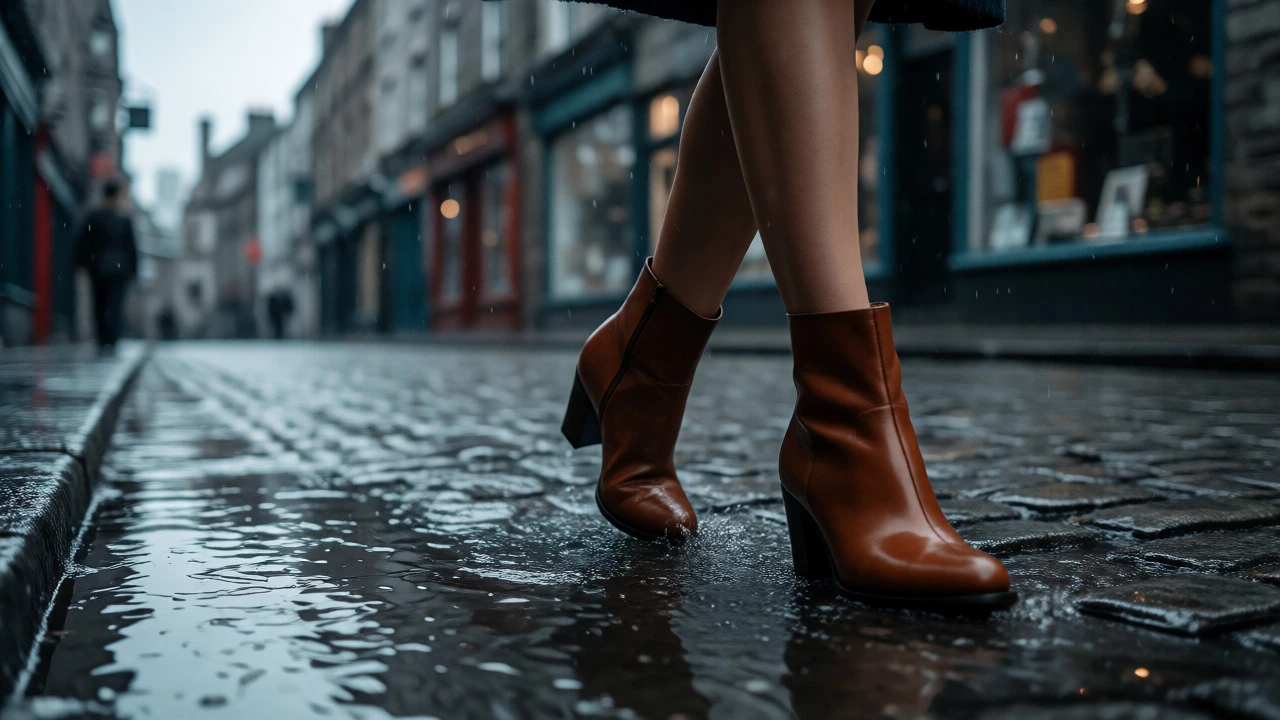 Woman walking in comfortable leather boots on wet Irish cobblestones