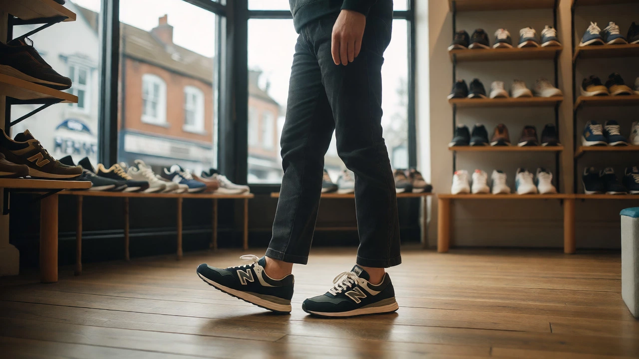 Worker trying on wide-fit New Balance shoes in a shop