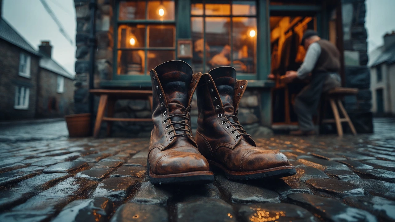 Worn leather boots on wet cobblestones outside an Irish cobbler's shop.