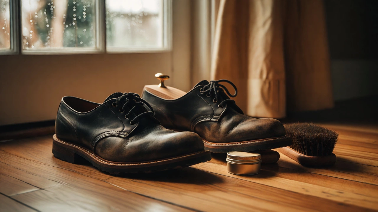 Worn leather shoes with cedar tree and care kit indoors