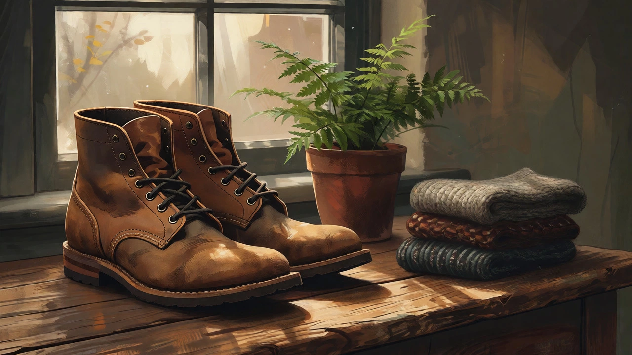 Worn Viberg boots next to plants in sunlit room